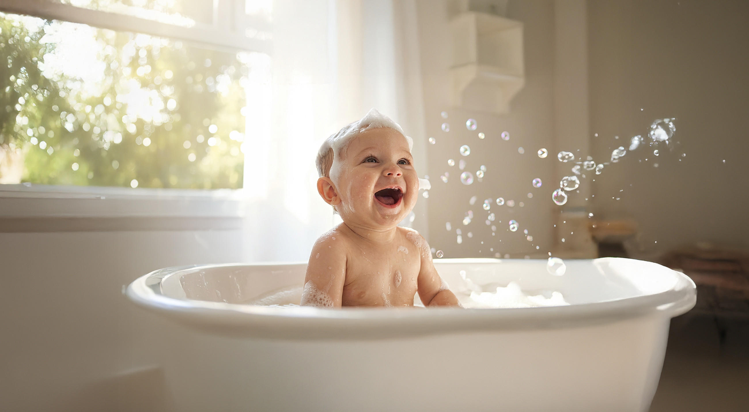 Lachendes Baby sitzt in einer weißen Badewanne mit Schaum; im warmen Sonnenlicht steigen Seifenblasen auf.