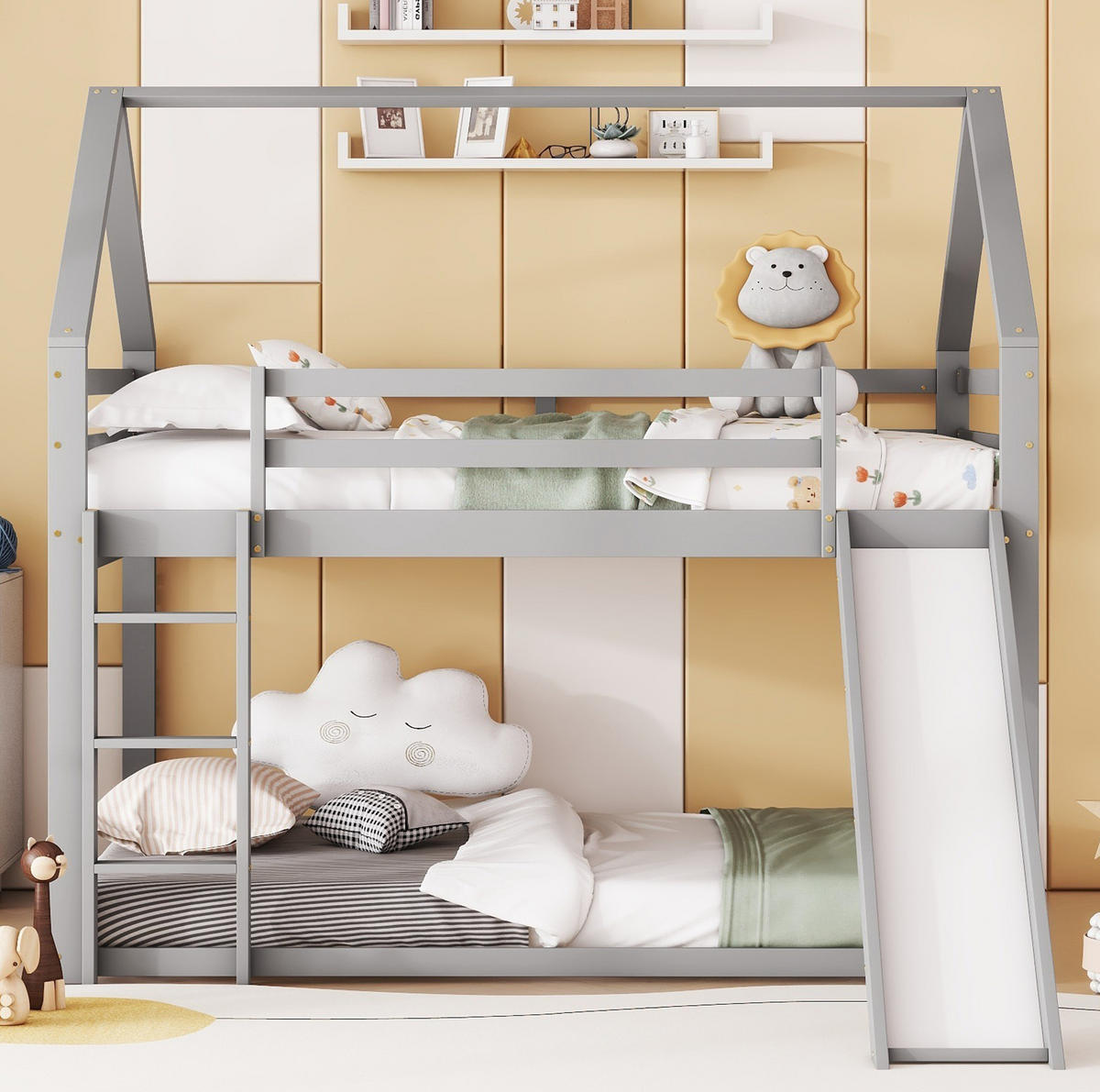 HAUSBETT 140/200 cm Grau mit Rutsche und Leiter - Grau, Holz (140/200cm) - Flora Grace