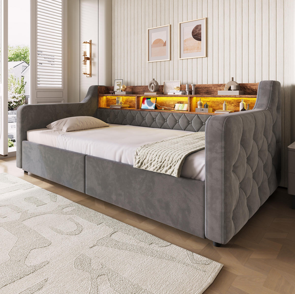 POLSTERBETT aus Velvet 90x190 cm Dunkelgrau mit LED-Beleuchtung, Ladeanschlüssen und 2 Schubladen - Dunkelgrau, Textil (90/190cm) - Modfu