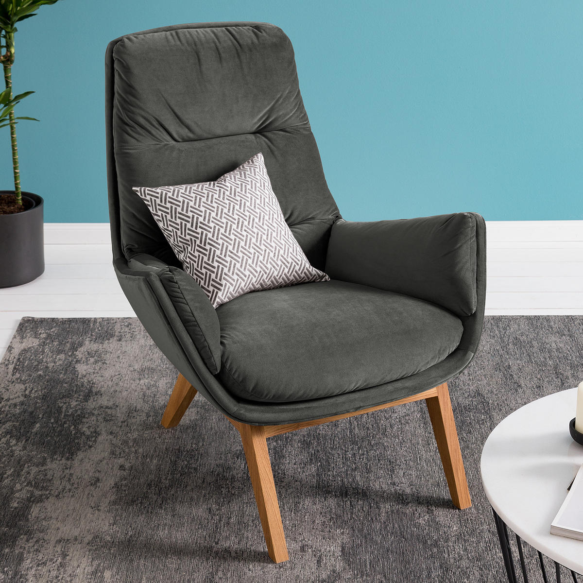 SESSEL mit Holzfüßen - Eichefarben/Grün, Eichenholz/Holz (83/95/97cm) - home24