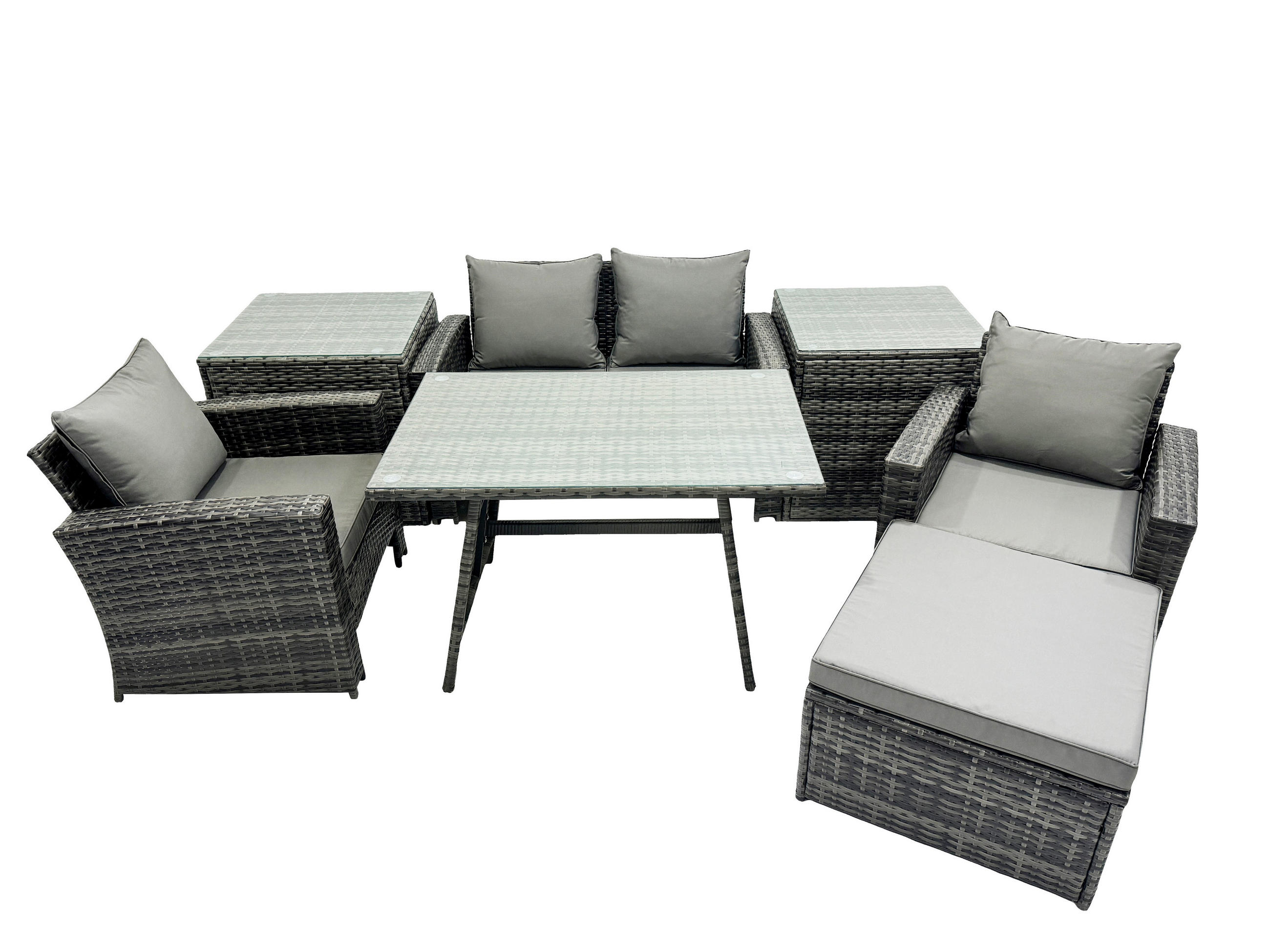 GARTENMÖBELSET mit ESSTISCH,HOCHLEHNER-SOFA Polyrattan Dunkelgrauer Mix 5-Sitzer - Dunkelgrau/Grau, Glas/Kunststoff - Fimous