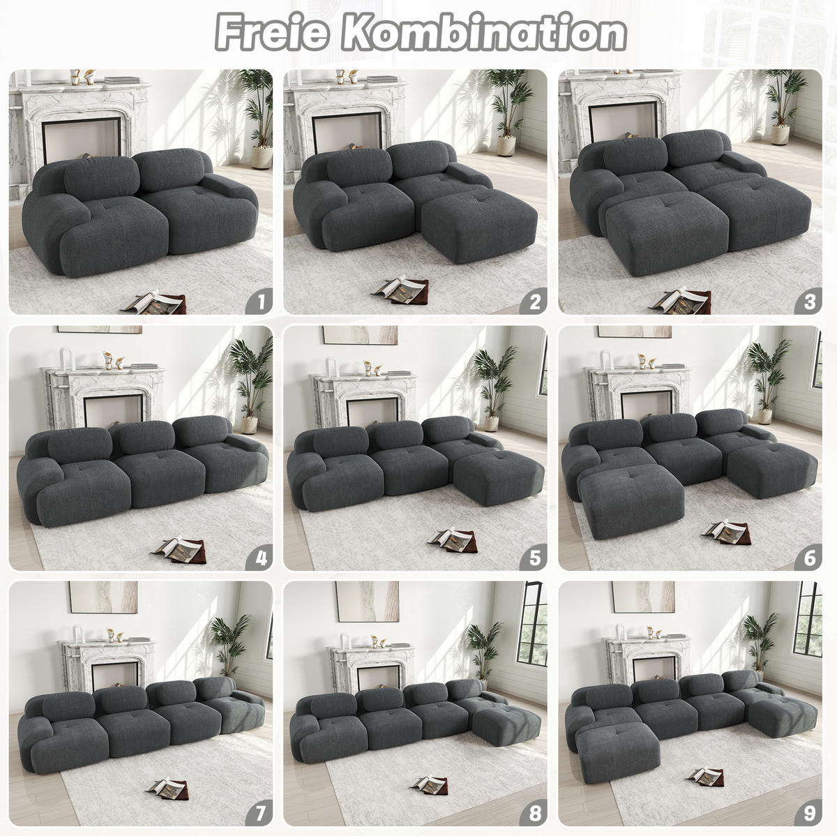 ECKSOFA modular rahmenlos mit geschwungenen Armlehnen und Cordbezug, Grau - Grau, Textil (208/178cm) - Redom