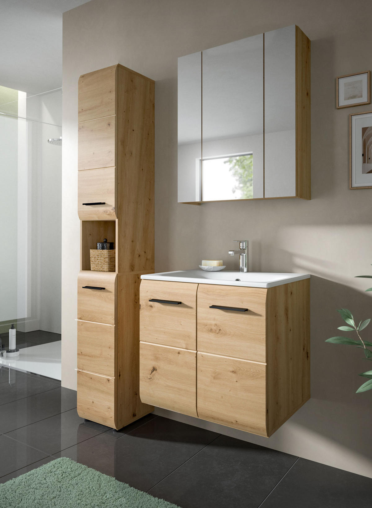 BADMÖBEL-SET 3-teilig Eiche Artisan, Badkombination 105 cm mit Waschbecken, Cover - Schwarz/Eiche Artisan, Glas/Keramik (105/185/46cm) - Inn.Furn