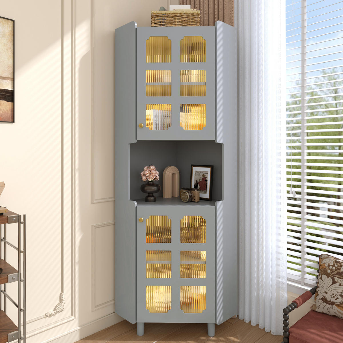 LED-ECKSPEICHERSCHRANK 63.5x17x157.5 cm Grau aus Spanplatte mit App-LED & 3-Zonen-Storage - Grau, Holzwerkstoff (63.5/157.5/17cm) - Modfu