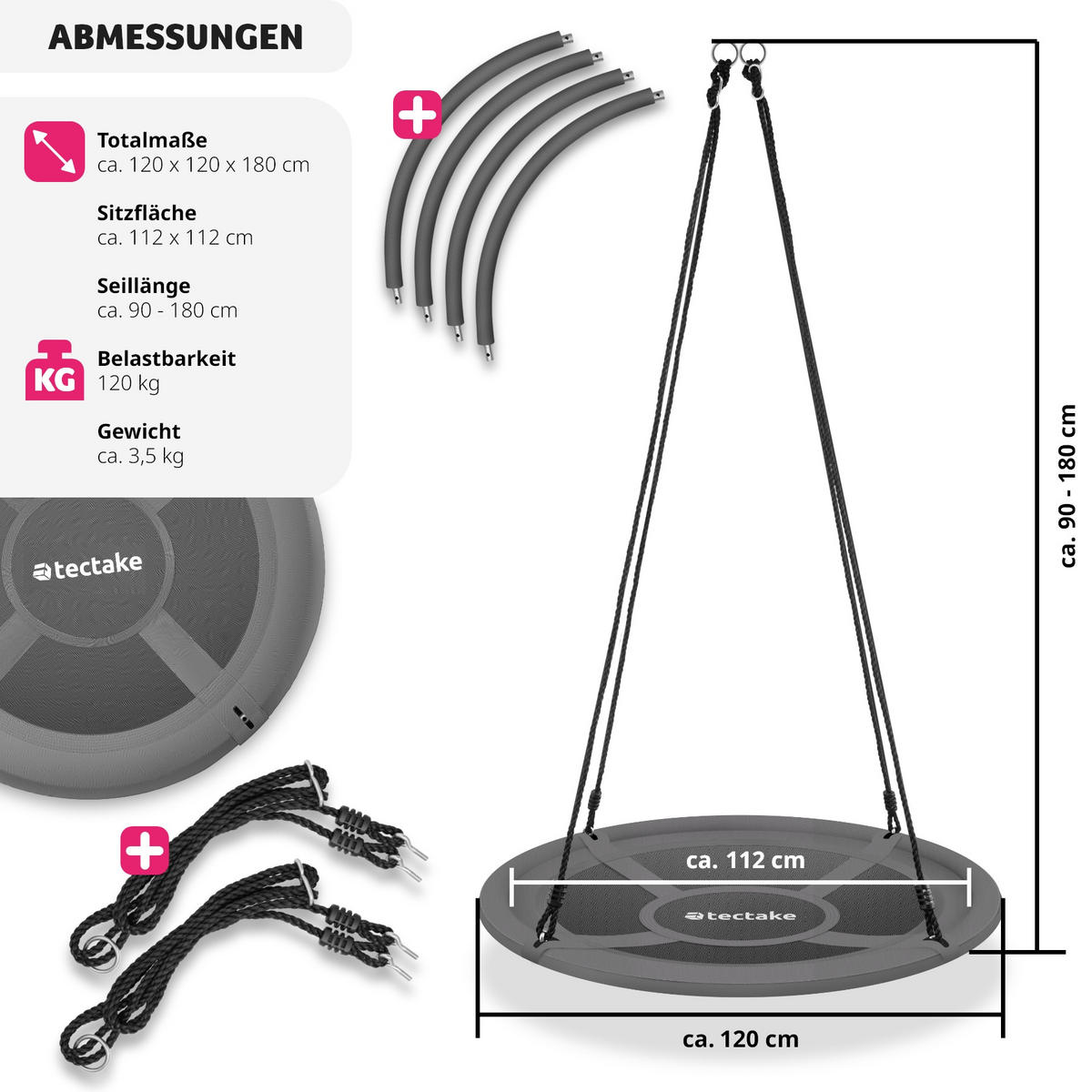 NESTSCHAUKEL Swayer,Textilene-Bespannung,grau/schwarz - Schwarz/Grau, Kunststoff (120/120cm) - tectake