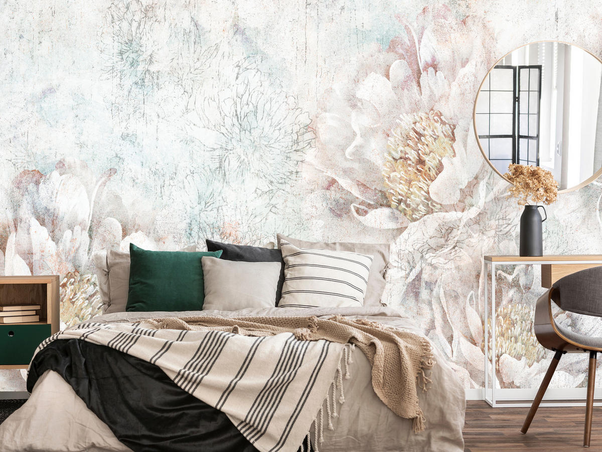 FOTOTAPETE für Büro Pfingstrosen Blumen Beton Vintage 150x105 - Gelb/Rosa, Papier (150/105cm) - Muralo