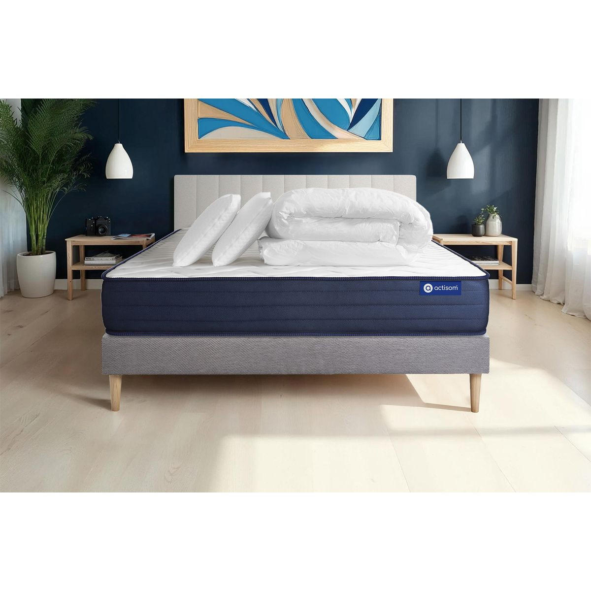 BETT Actiflex life Taschenfederkern und Memory-Schaum 140 x 200 cm h4 - Kit Bettgestell Grau - Mit Kissen und Bettdecke - Beige/Grau, Karton/Holz (140/200cm) - ACTISOM