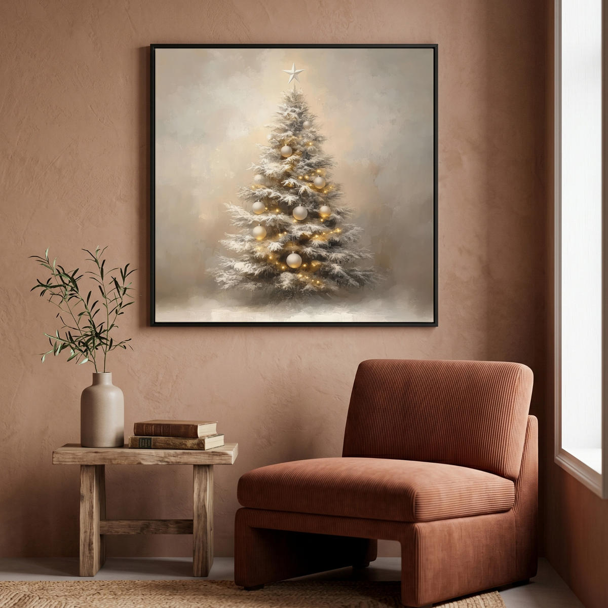LEINWAND Bilder mit Rahmen - Weihnachten - Weihnachtsbaum - Schnee - Kunst - 90x90 - Champagner, Textil (90/90cm) - MuchoWow