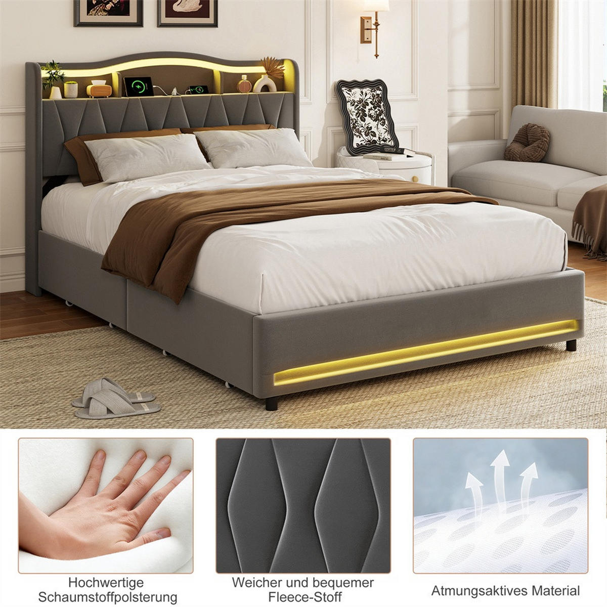 POLSTERBETT 140x200cm - Doppelbett mit 4 Schubladen - RGB-LED-Beleuchtung - Stauraum-Kopfteil - ohne Matratze - Grau - Grau, Textil (140/200cm) - DELFA