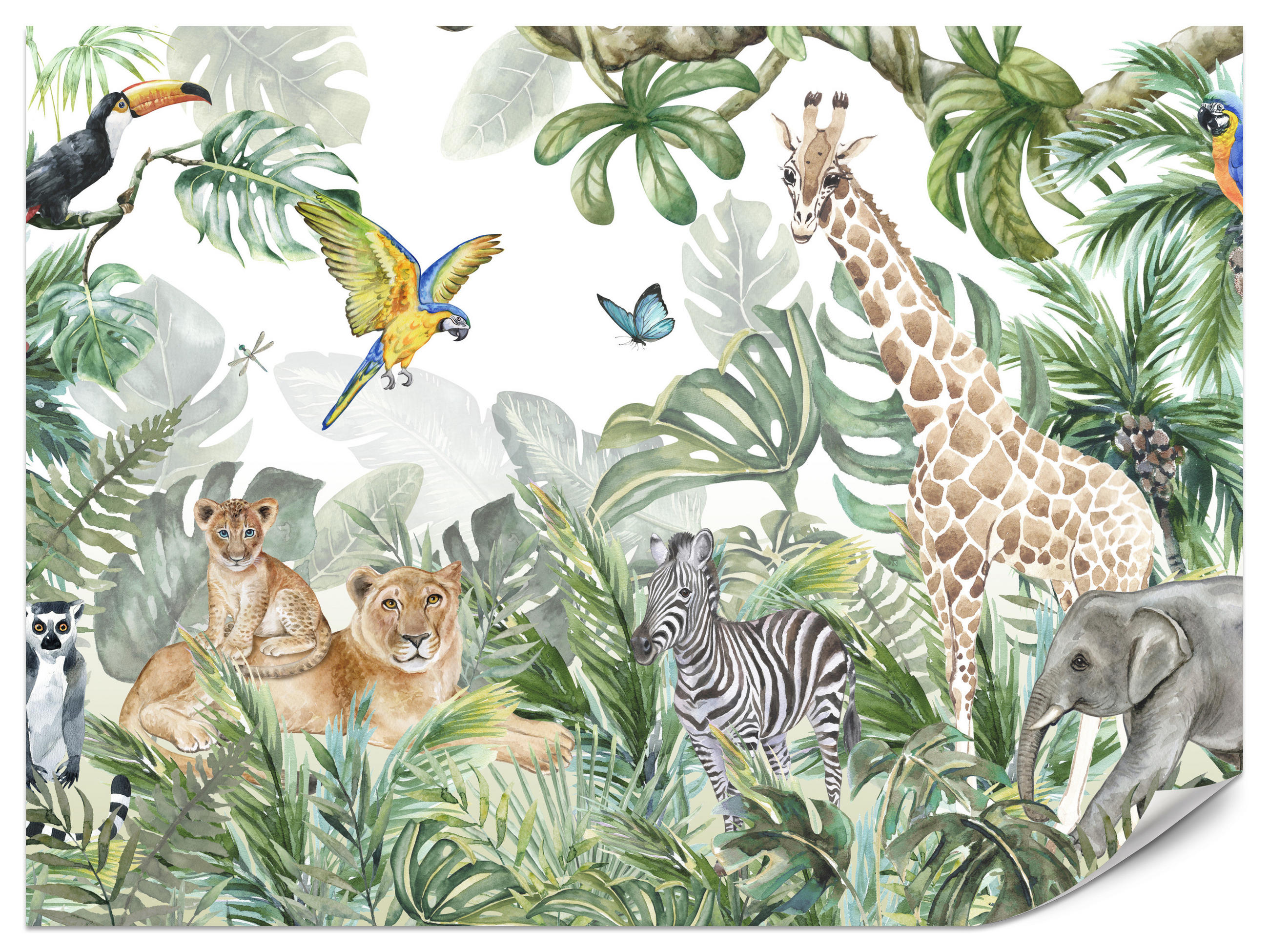 FOTOTAPETE für Kinderzimmer Tropen Dschungel Tiere Palmen Monstera 350x256 - Beige/Orange, Papier (350/256cm) - Muralo