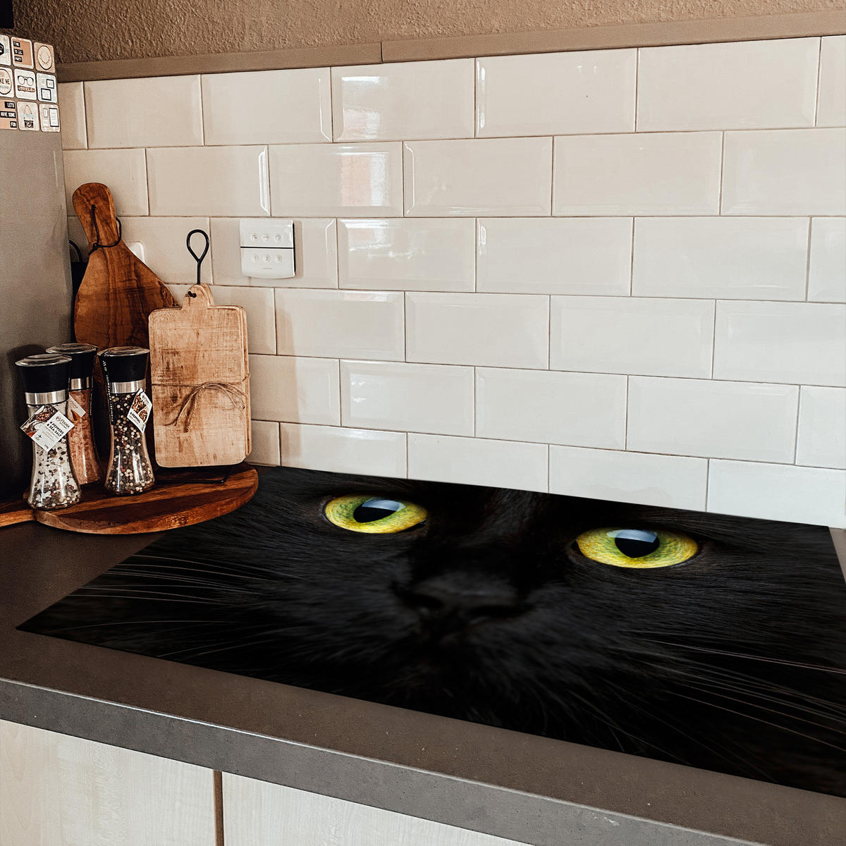 HERDABDECKPLATTE Katze - Augen - Gelb - Schwarz Ceranfeldabdeckung 85x52 cm - Schwarz, Kunststoff (85/52/0.2cm) - MuchoWow