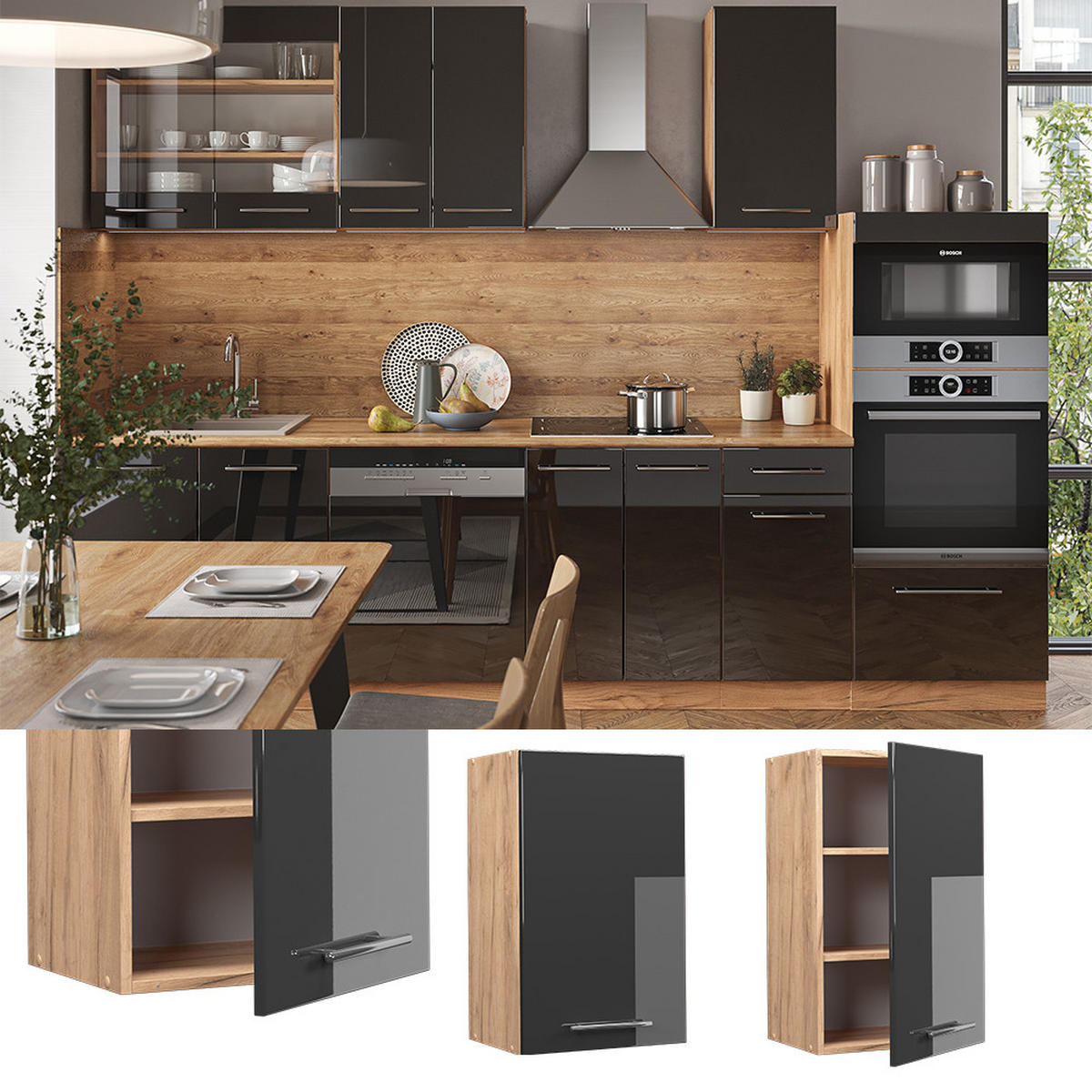 HÄNGESCHRANK Fame-Line Anthrazit Hochglanz 45 cm - Honigeiche/Schwarz Hochglanz, Holzwerkstoff (45/72/34.1cm) - Vicco