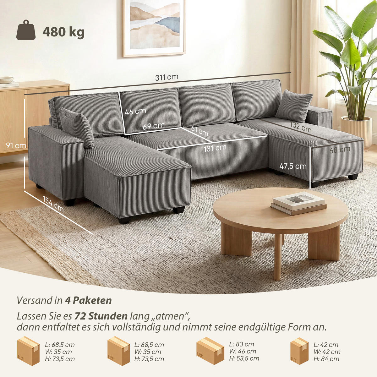 ECKSOFA Cordstoff Hellgrau - Hellgrau, Holzwerkstoff/Kunststoff (154/311cm) - HOMCOM