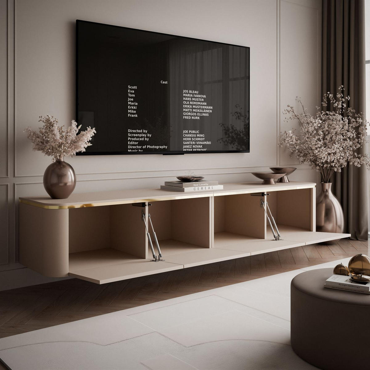 TV-RACK AVELINE 200 cm hängend mit LED-Beleuchtung - Kaschmir, Holzwerkstoff (200/35/40cm) - Lookway