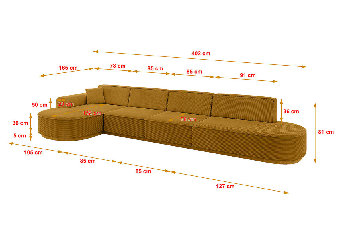 ECKSOFA Ottomane Links MARI-L3-v3 - 402x163x81 cm Senfgelb Cord - Gelb/Schwarz, Holzwerkstoff/Kunststoff (402/163cm) - ALTDECOR