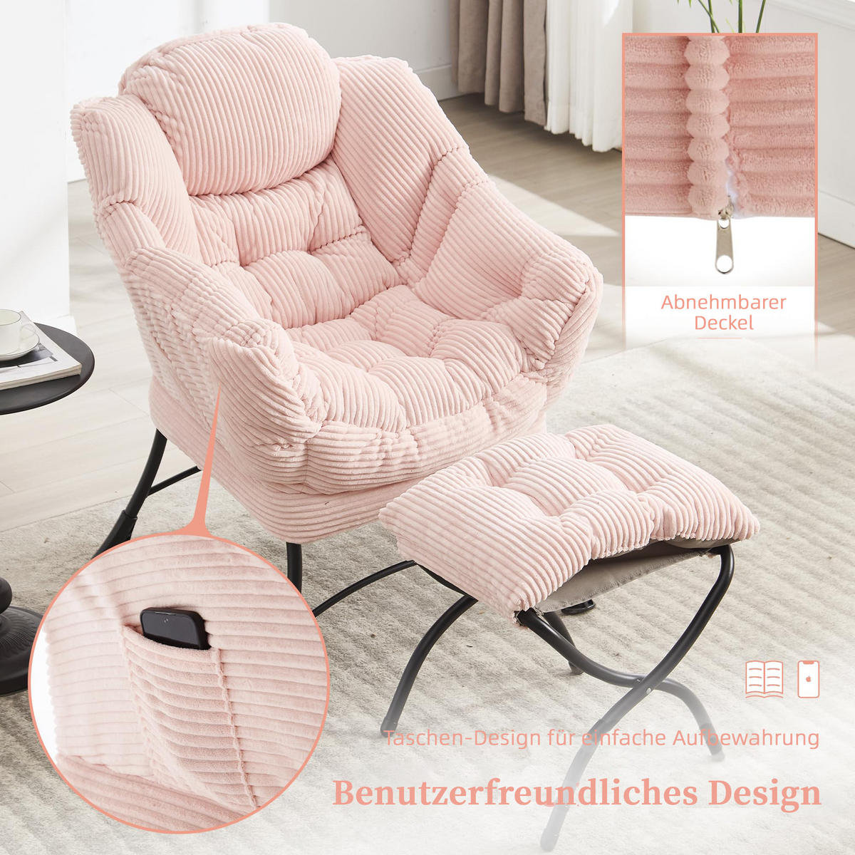 LOUNGESESSEL Relaxsessel mit Hocker,dicke Polsterung, Rosa - Rosa, Metall (70/95/64cm) - LVHOM