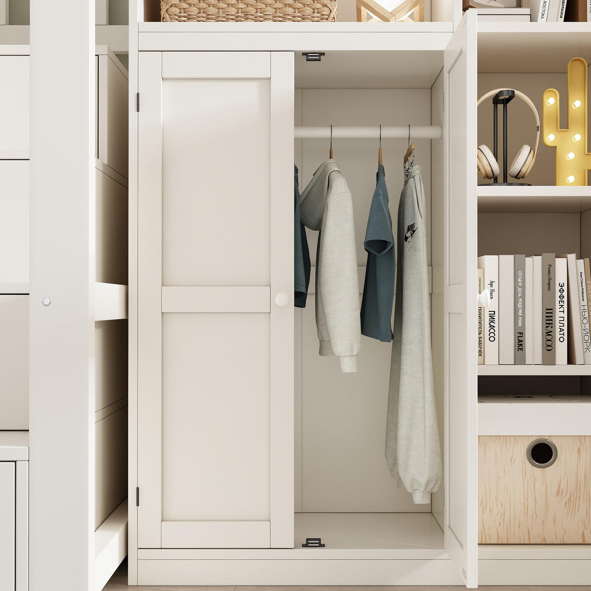 HOCHBETT 90/200 cm in Weiß mit Schreibtisch, Kleiderschrank, Regal und USB/Type-C - Weiß, Holzwerkstoff (90/200cm) - STILVORA