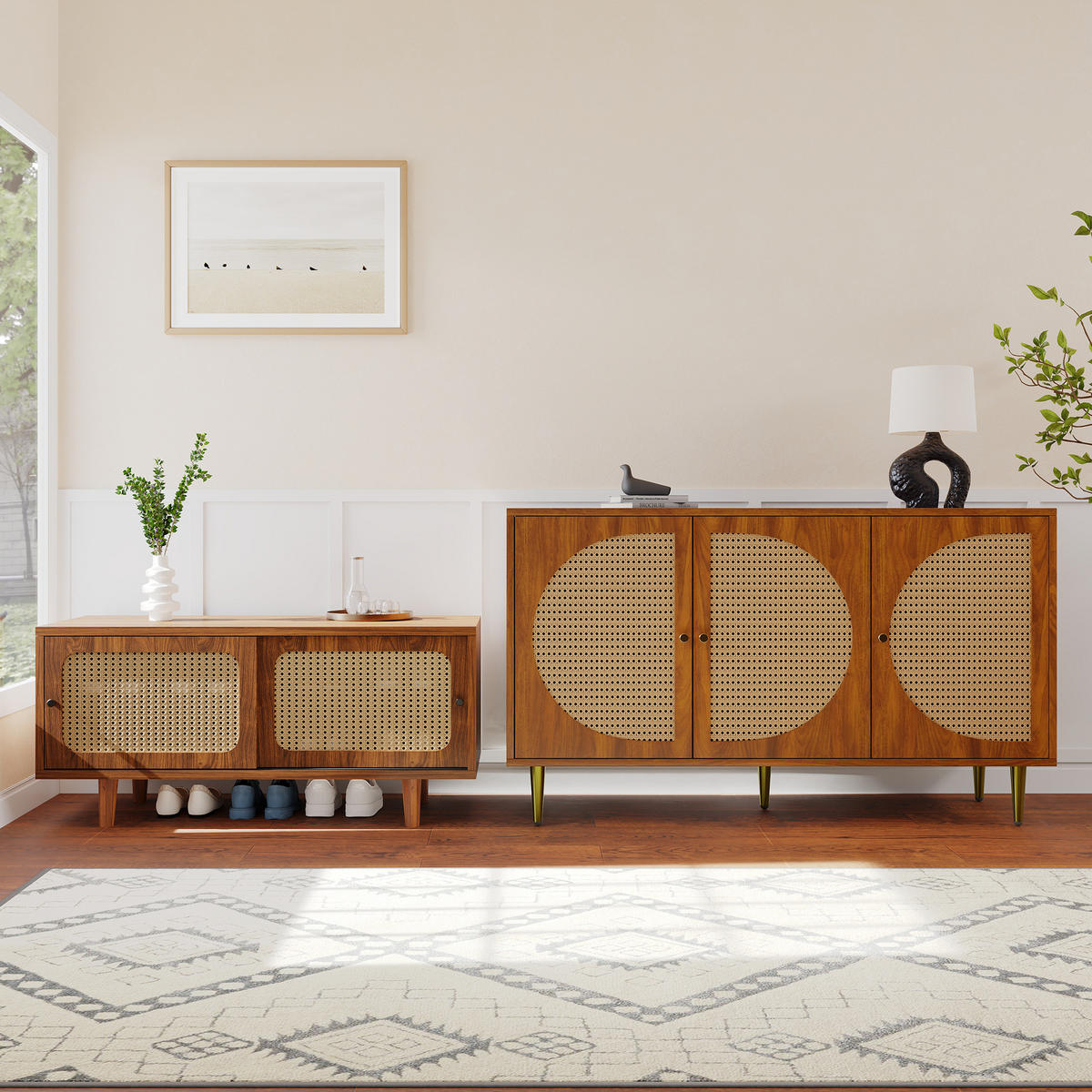 SCHUHSCHRANK in Walnuss mit Rattan, 3 Türen und 2 Schiebetüren,104/40/48 cm - Walnussfarben, Holzwerkstoff (40/48/104cm) - Flora Grace