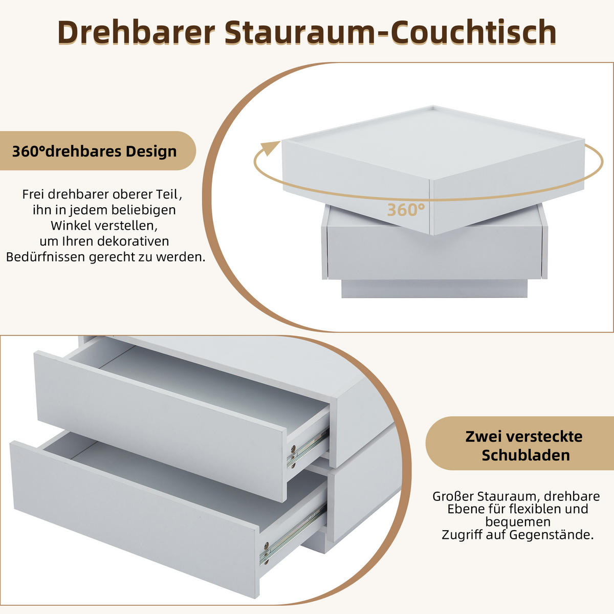COUCHTISCH Weiß 60/60/38 cm drehbar - Weiß, Holzwerkstoff (60/60/38cm) - PANGIVO