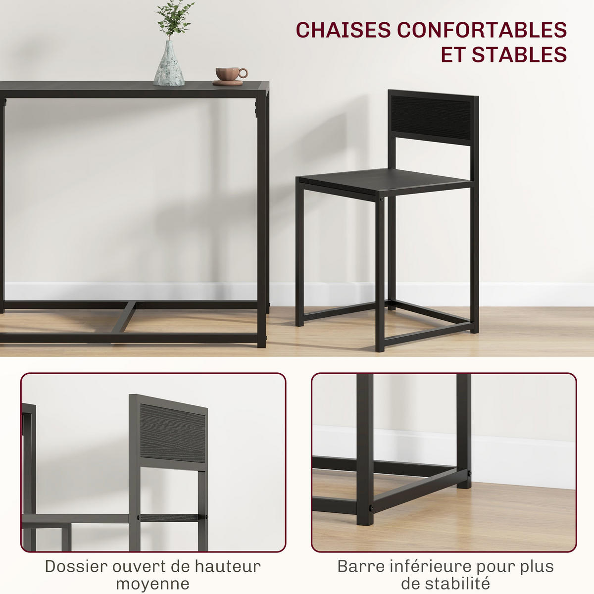 ESSTISCH- und Stuhlset, 3-teilig mit 2 stapelbaren Stühlen, für Küche, Wohnzimmer, Zuhause, schwarz - Brombeere, Metall (90/76/47cm)