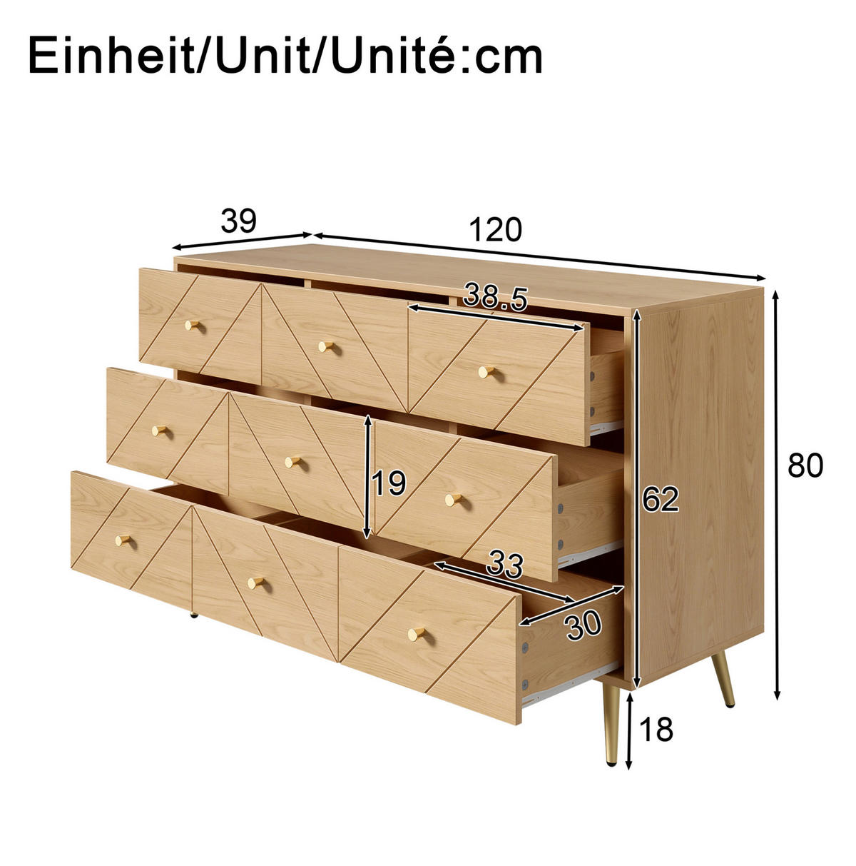 KOMMODE 120/39/80 cm mit 9 Schubladen und Eisenbeinen - Naturfarben, Holzwerkstoff (120/80/39cm) - BEAOK