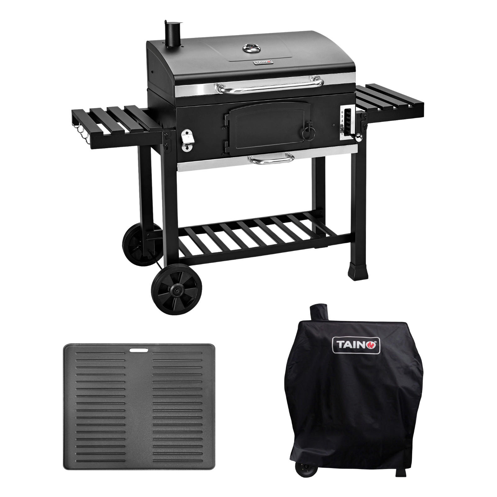 HOLZKOHLEGRILL HERO XXL Set mit Haube & Platte - Schwarz, Metall (142/111/46cm) - TAINO