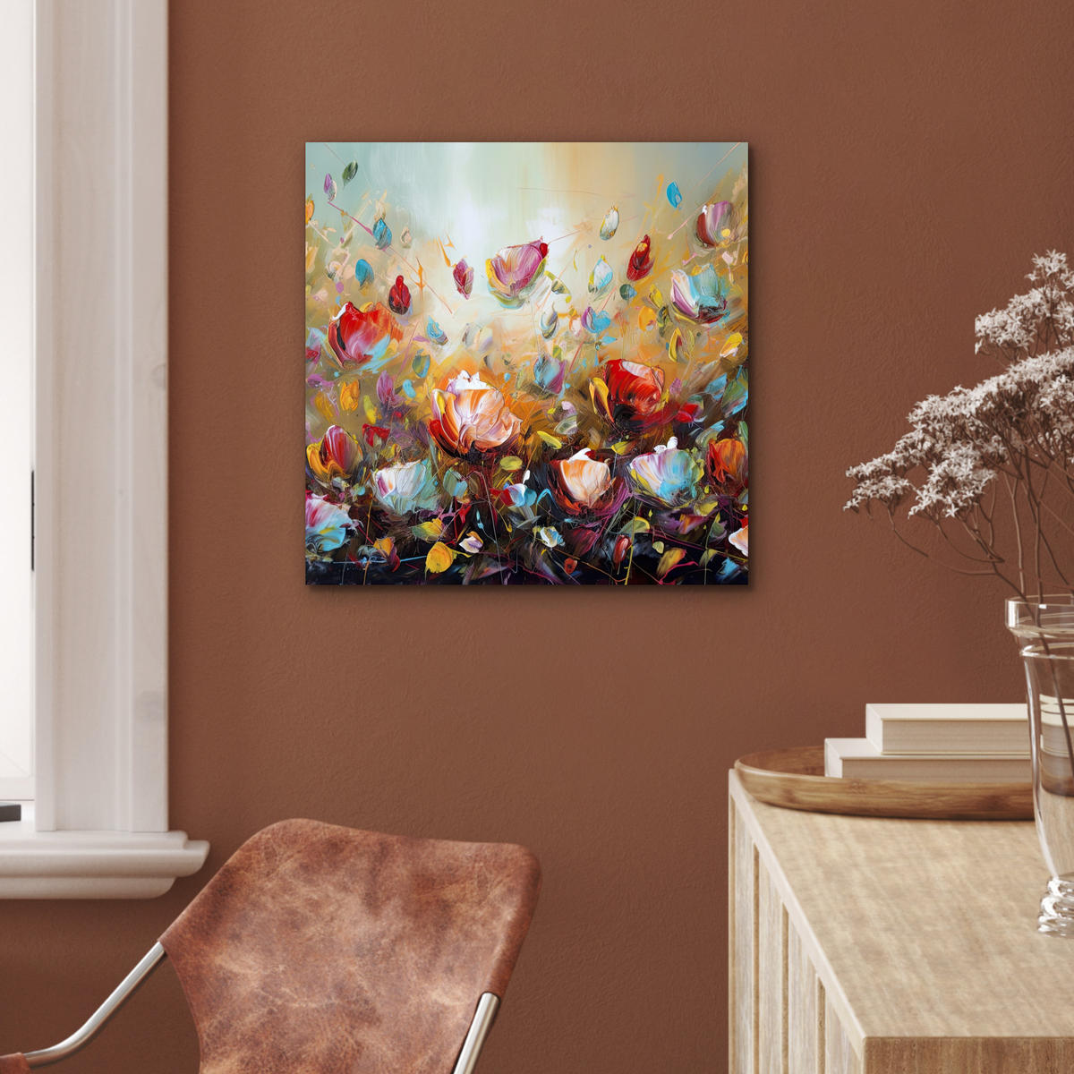 KOVOVÝ OBRAZ Kvety - Umenie - Príroda - Olejomaľba 50x50 cm - viacfarebná, kov (50/50cm) - MuchoWow