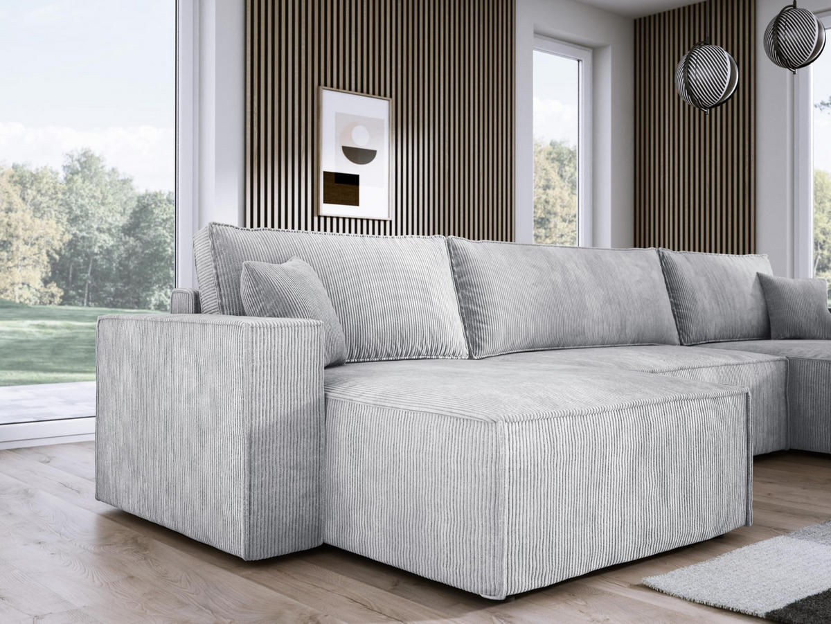 ECKSOFA Poso XXL U-förm, Schlaffunktion, weiche Kissen, Bettkasten, hochwertige Polsterung, lose Rückenkissen, freistehend, 377x143x83 cm Grey - Grau, Holz/Textil (377/83/143cm) - DomoHome