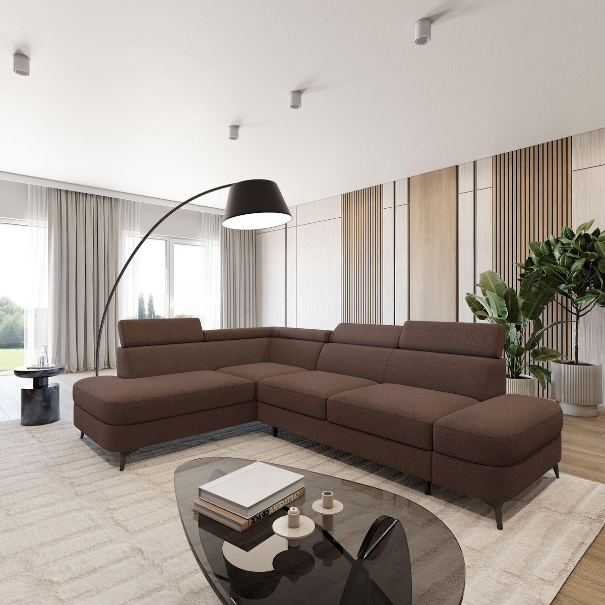 ECKSOFA AVISE Q L-S Braun Boucle-Stoff mit Schlaffunktion - Braun, Holzwerkstoff/Textil (268/195cm) - MASSENO