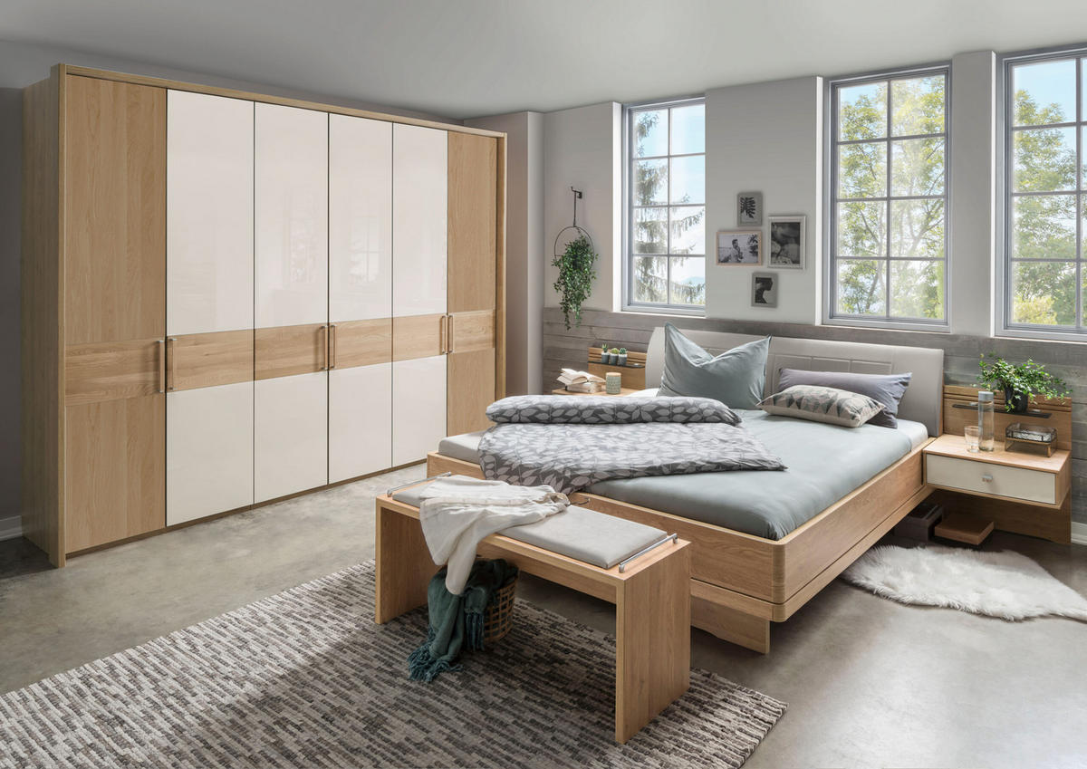 SCHLAFZIMMER Lenvara in Eiche und Champagner 4 teilig mit Drehtürenschrank, Passepartout, zwei Nachttische und Komfortbett - Braun, Holzwerkstoff (80/200/120cm)