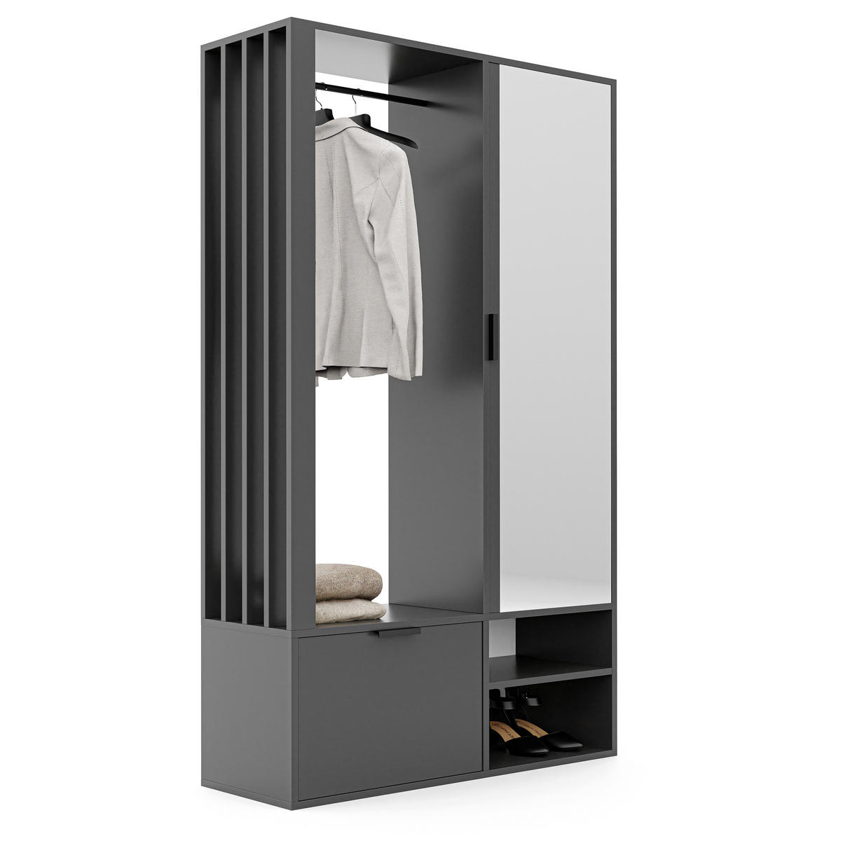 GARDEROBENSCHRANK mit Spiegel-mit Ablagen und Kleiderstange - Grau, Holzwerkstoff (100/190/33cm) - Idohome
