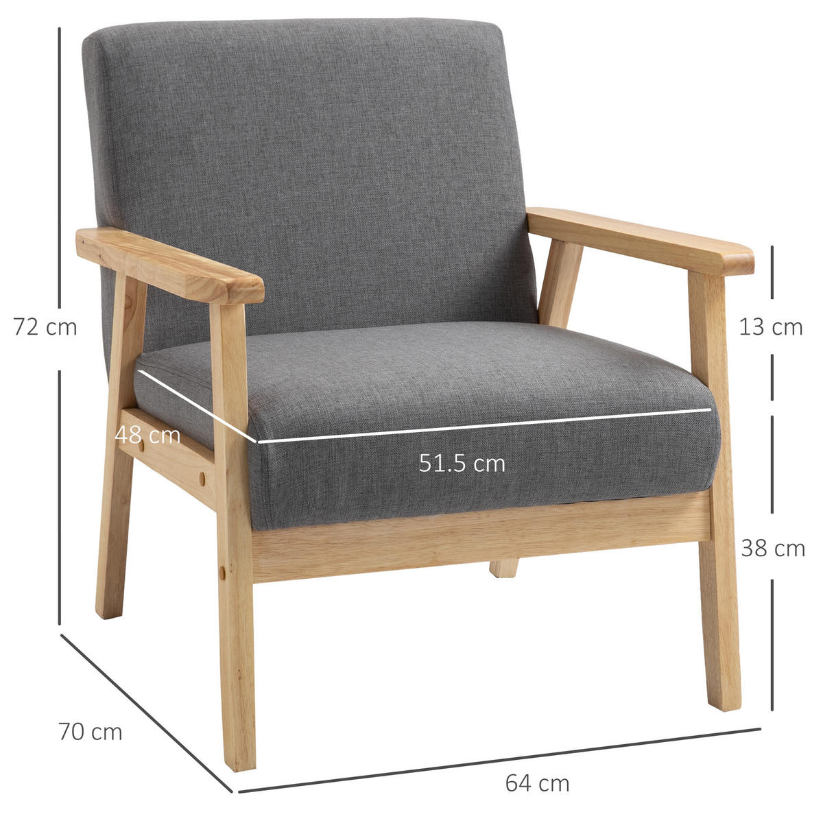 LOUNGESESSEL Leinenoptik mit Holzgestell, 2 Polstern 64/70/72 cm Grau - Grau, Textil (70/72/64cm) - Redom