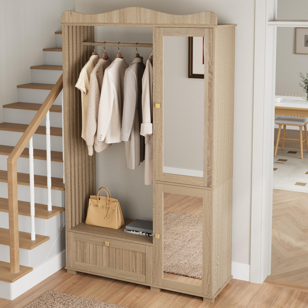 GARDEROBENSCHRANK Spiegel Kleiderstange Schublade - Eichefarben, Holz (115.5/194.5/38.5cm) - Fortuna Lai