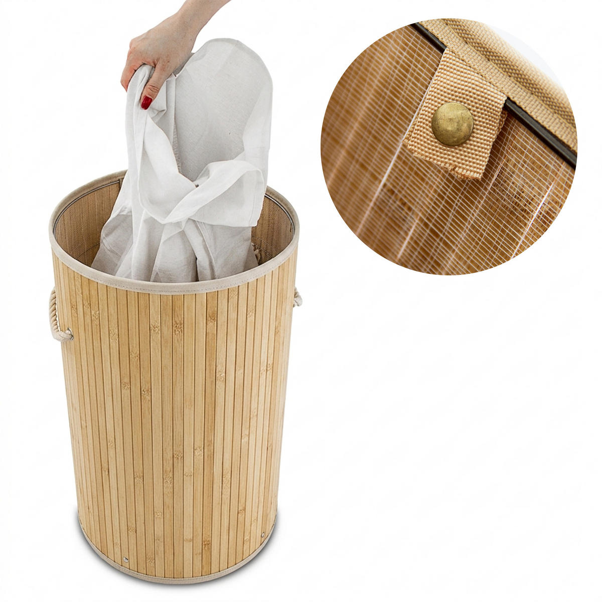 TVÄTTKORG natur bambu rund med lock hopfällbar 70 l - Ljusbrun, Trä/Textil (41/65/41cm) - Relaxdays