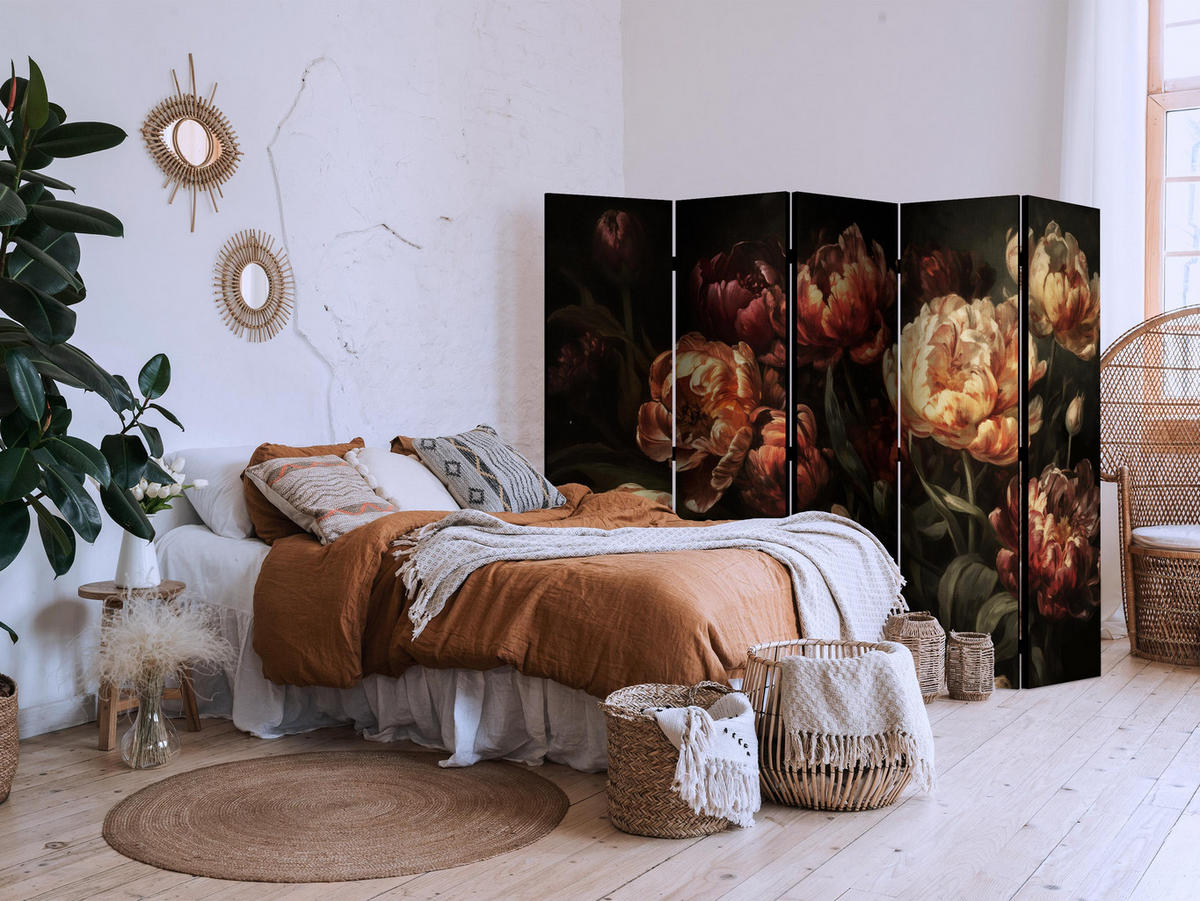 PARAVÁN Obojstranný 5-dielny 225x172 cm Pivonky v Retro Štýle - viacfarebná, drevo/textil (225/172/3cm) - Muralo