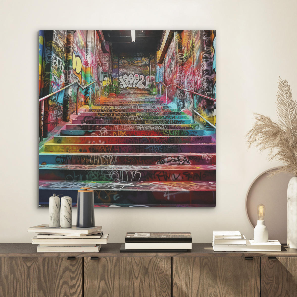 AKUSTIKBILD Treppe - Graffiti - Farben - Kunst Wandbilder 60x60 cm - Multicolor, Kunststoff (60/60/0.9cm) - MuchoWow