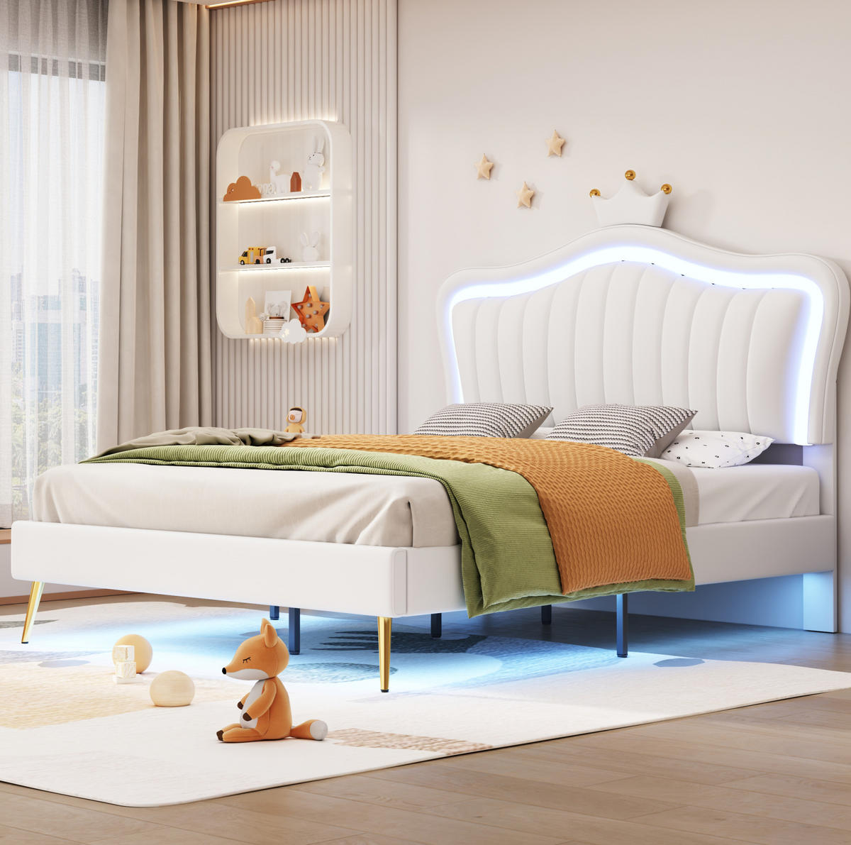 KINDERBETT Polsterbett 140/200 cm aus Kunstleder mit Muschel-Kopfteil, Krone und LED-Beleuchtung Weiß - Weiß, Textil (140/200cm) - Modenvie