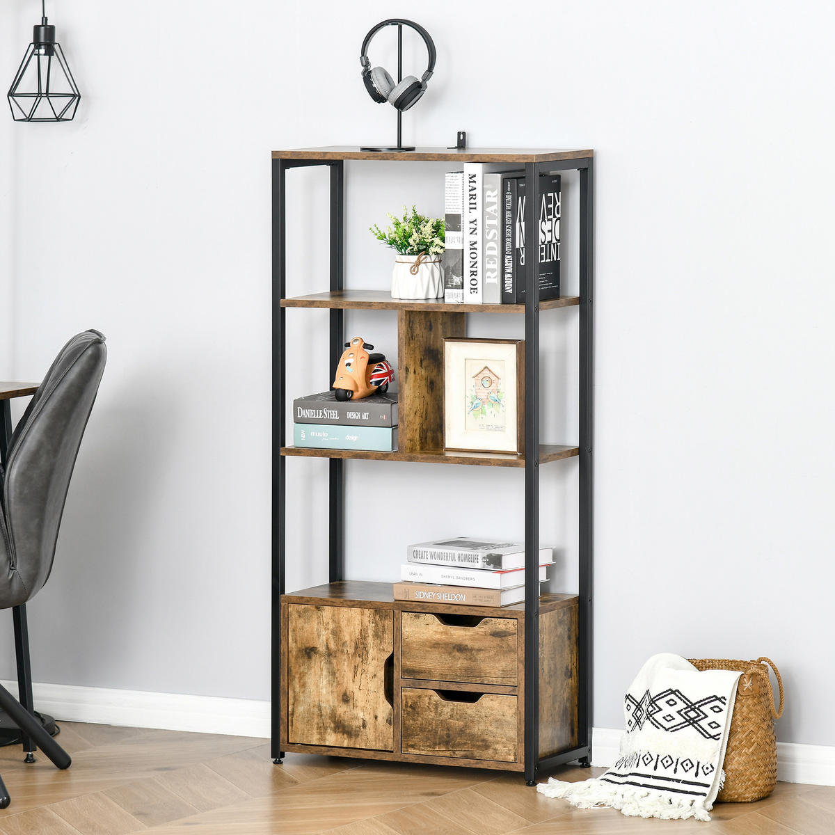 REGAL DE-15477 3 Ablagen + 1 Tür + 2 Schubladen Altwood/Schwarz - Braun, Holzwerkstoff (58/122/24cm) - ComfortXL