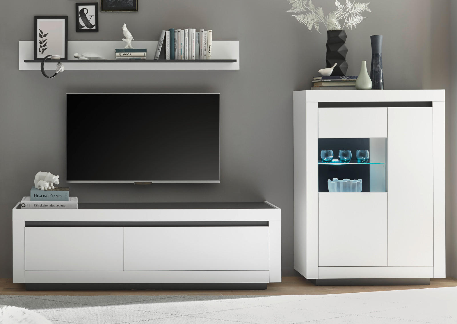 WOHNWAND weiß, anthrazit, Wohnkombination 3-teilig 286 x 170 cm - Anthrazit/Weiß, Glas/Holzwerkstoff (286/170/50cm) - Furn.Design