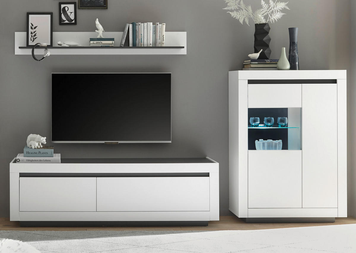 WOHNWAND weiß, anthrazit, Wohnkombination 3-teilig 286 x 170 cm - Anthrazit/Weiß, Glas/Holzwerkstoff (286/170/50cm) - Furn.Design
