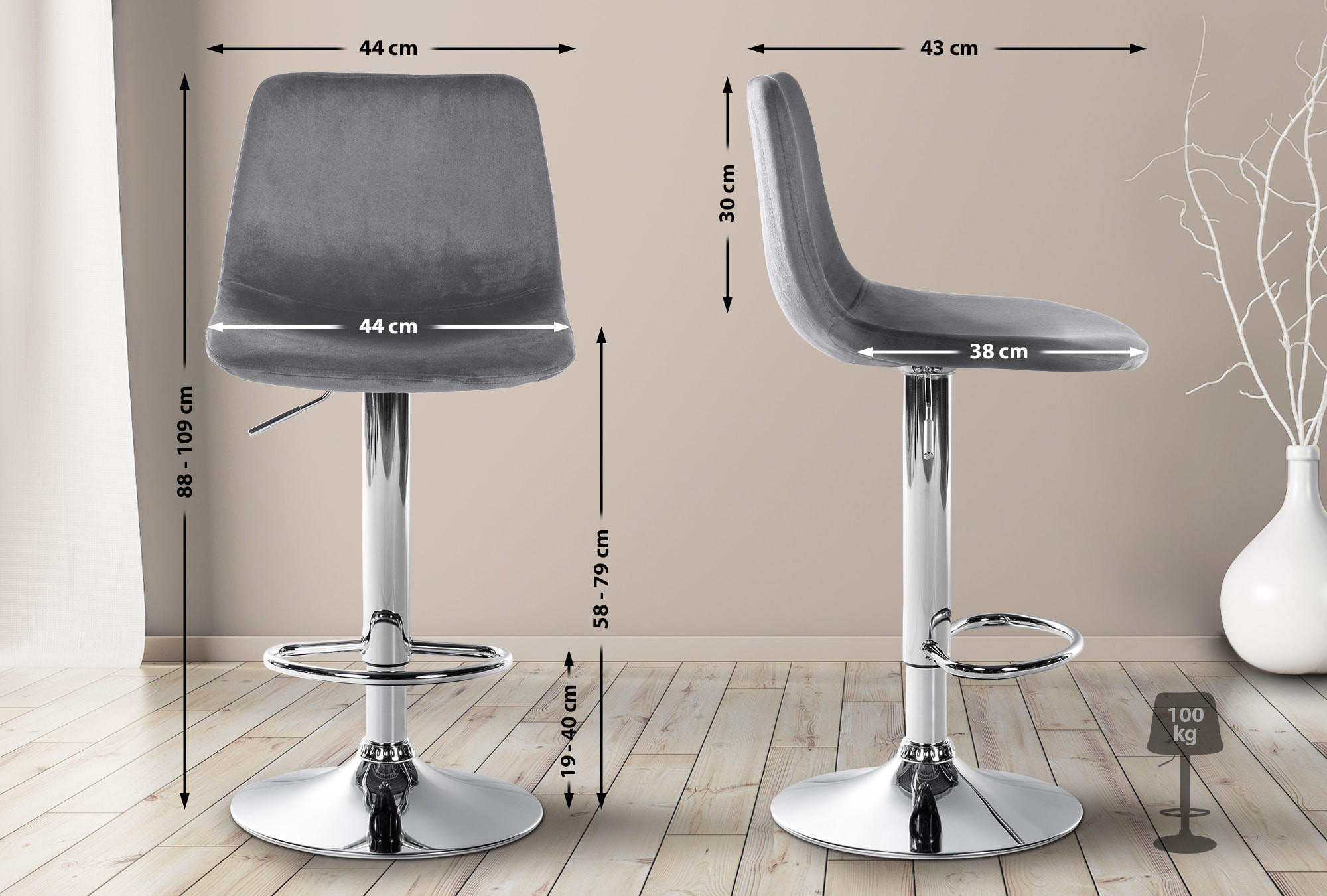 BARHOCKER Samt dunkelgrau - Chromfarben/Dunkelgrau, Textil/Metall (44/88/43cm) - CLP
