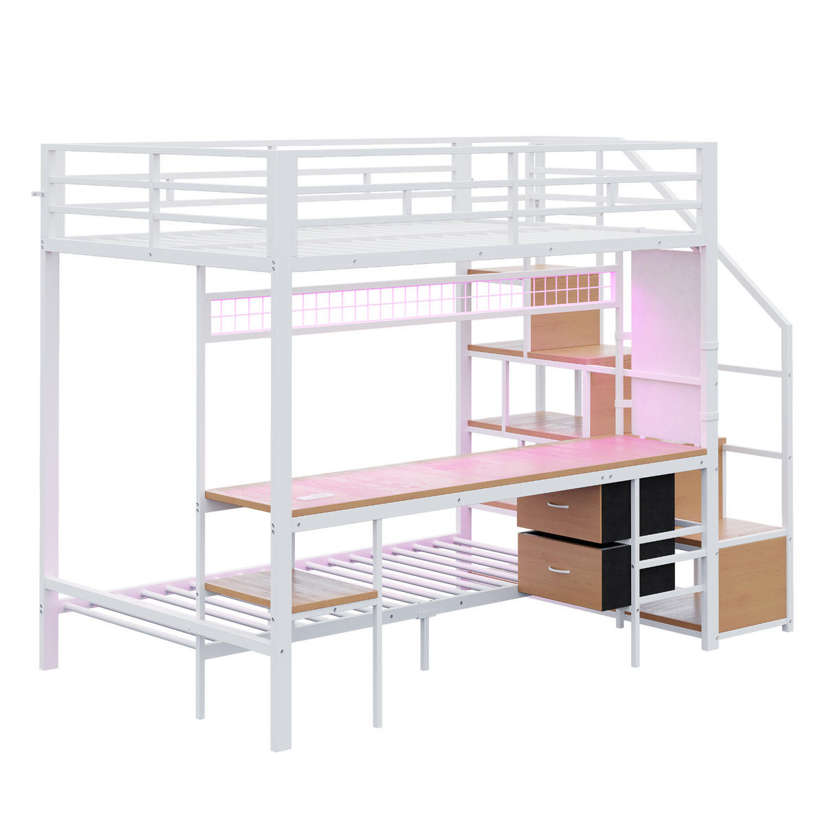 HOCHBETT 140/200 cm weiß aus Metall und Holz mit Schreibtisch LED und Steckdosen - Weiß, Metall (140/200cm) - OKWISH