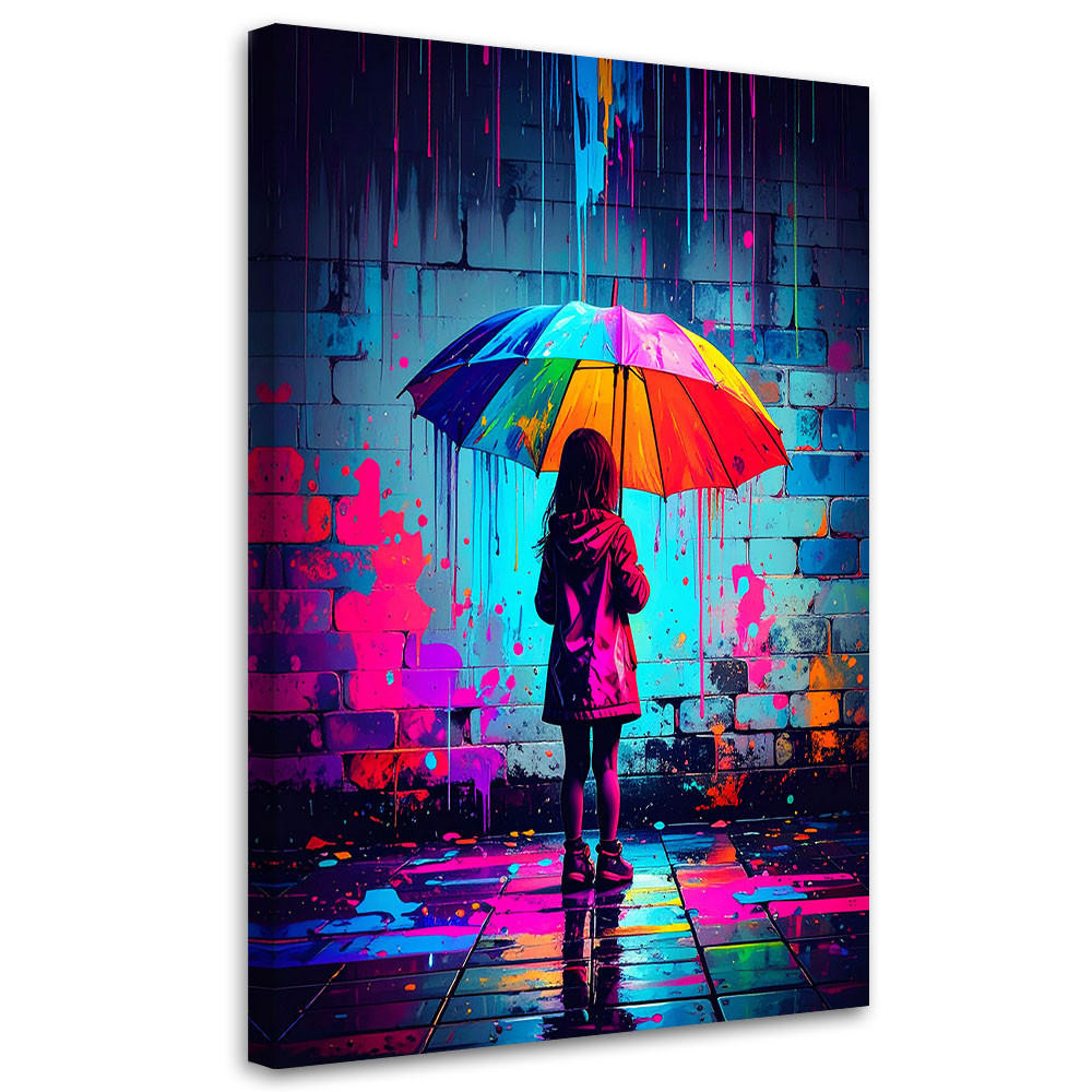 LEINWANDBILD Mädchen mit Regenschirm Graffiti Straßenkunst 60x90cm - Multicolor, Textil (60/90cm) - Feeby