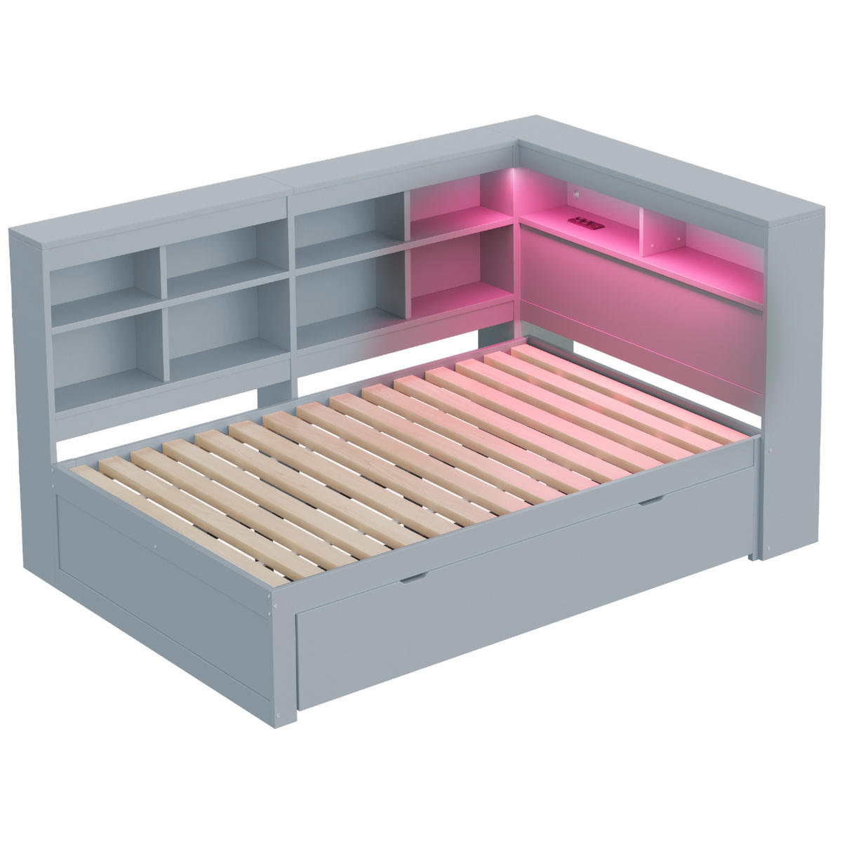 MULTIFUNKTIONSBETT LED-Massivholzsofa 140/200 cm Grau mit Stauraum USB-Anschluss - Grau, Holz (140/200cm) - OKWISH