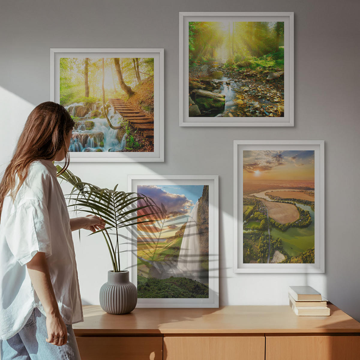 WANDBILDER 4er-Set - 50x50 cm & 40x60 cm Weißer Rahmen - Orange Mountain Wasserfall - Weiß, Kunststoff (50/50cm) - ArtPrintCave