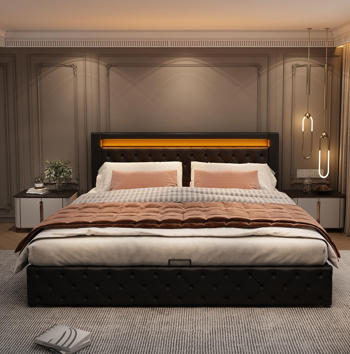 POLSTERBETT mit Bettkasten und LED 140x200 cm PU Schwarz - Schwarz, Metall (140/200cm) - Beauniv