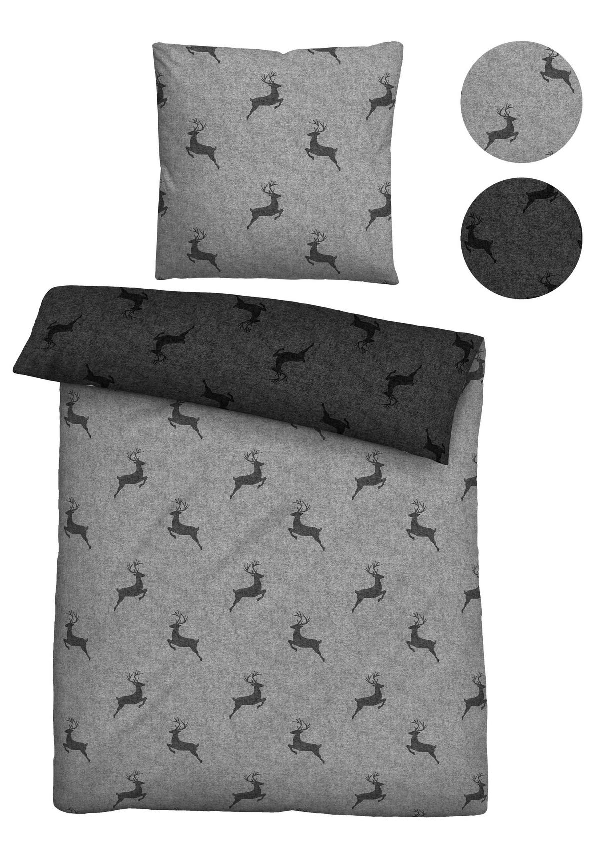 BETTWÄSCHE-GARNITUR Satin Hirsch sturmgrau, 135x200 cm + 80x80 cm - Grau, Textil (135/200cm) - biberna