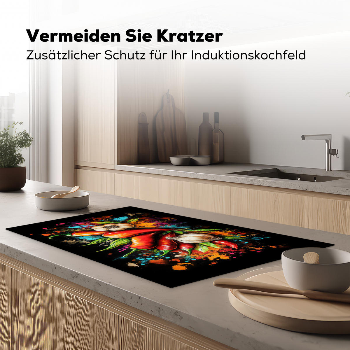 HERDABDECKPLATTE Gemüse - Paprika - Knoblauch - Graffiti - Farbe - Bunt 91x52 cm - Rot, Kunststoff (91.2/52/0.2cm) - MuchoWow