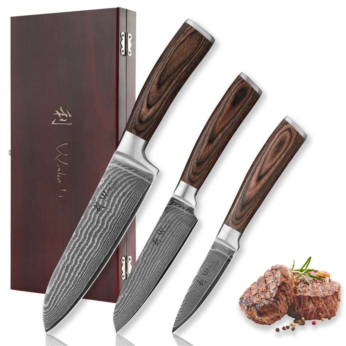 MESSERSET 3-tlg Damast EDIB - Braun, Metall - Wakoli