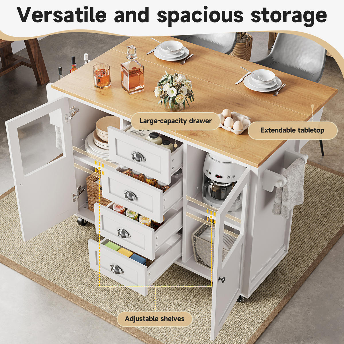 KÜCHENINSEL 137,9/73/92,5 cm Weiß aus MDF und Metall mit Klapptisch - Weiß, Holzwerkstoff (73/92.5/137.9cm) - OKMYHOME